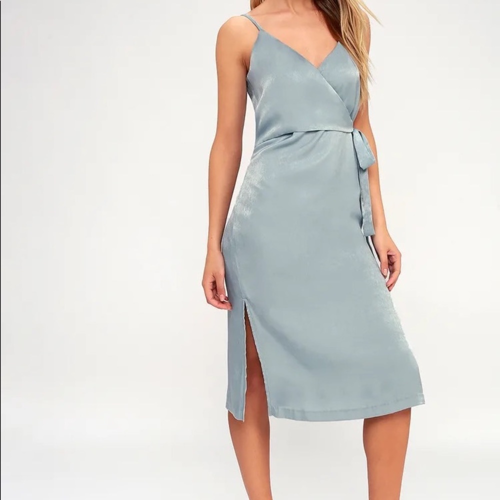 Lulu’s J.O.A. Fall in Love Mint Blue Satin Midi Wrap Dress
